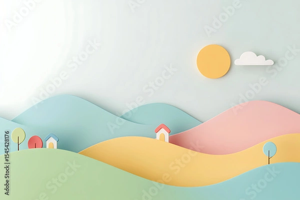 Fototapeta Pastel Land: A charming, simple landscape with rolling hills, sun, cloud, tiny houses and trees. A serene and whimsical scene.