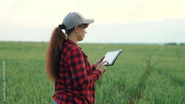 Obraz Female farmer working in field with green wheat using tablet computer. Businesswoman, farmer inspecting wheat field. Modern farmer growing grain on plantations. Digital technologies in agriculture