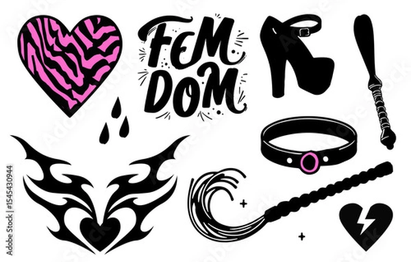 Obraz Bold vector illustration in trendy tattoo and pop-art style includes high heels, a collar, whip, broken heart, tribal heart, pink zebra heart, and drops. Sticker set in black, white, pink colors.