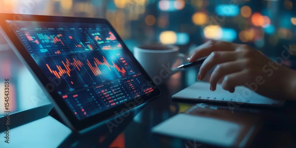 Fototapeta Digital tablet displaying financial data analytics with colorful graphs and charts, while a hand holds a pen, showcasing modern technology in a professional workspace