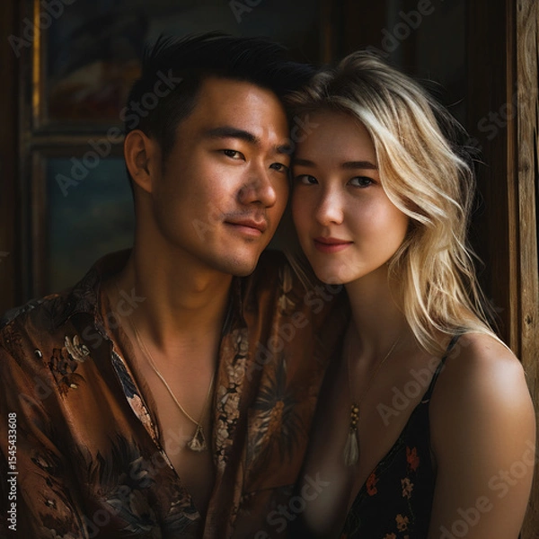 Fototapeta Smiling interracial couple outdoors, featuring an Asian man and a white woman embracing affectionately. Romantic moment captured in natural light for modern dating themes. Generative AI