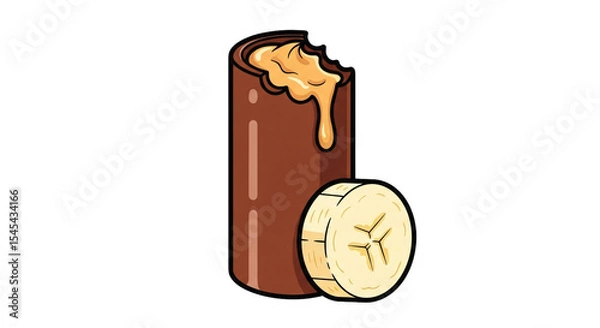 Fototapeta Cartoon illustration of a chocolate bar with gooey peanut butter filling next to a banana slice, perfect for food blogs, snack advertisements, or healthy treat recipes,