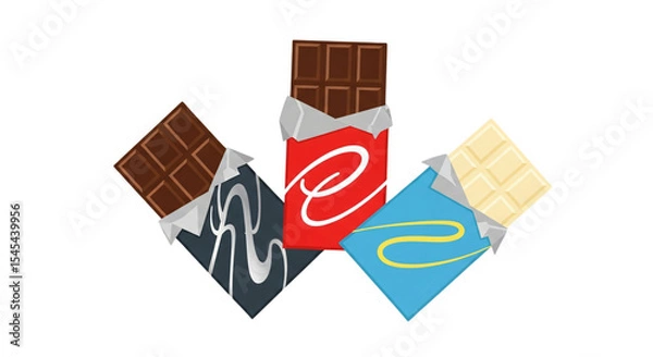 Fototapeta Assortment of dark, milk, and white chocolate bars in colorful unwrapped packaging, perfect for confectionery promotions, dessert menus, sweet treat advertisements, food blogs, or holiday sales,