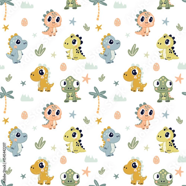 Fototapeta Seamless pattern with cute cartoon dinosaurs on white background. Ideal for children's design, vector flat style