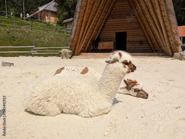 Fototapeta Alpacas are lying on the field and resting