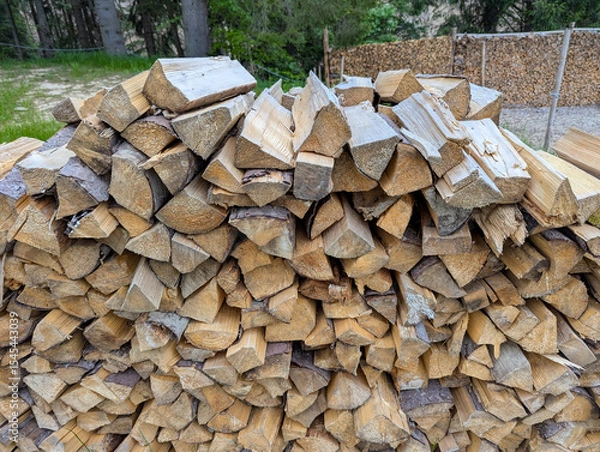 Fototapeta Cross-section background of a large number of firewood piles