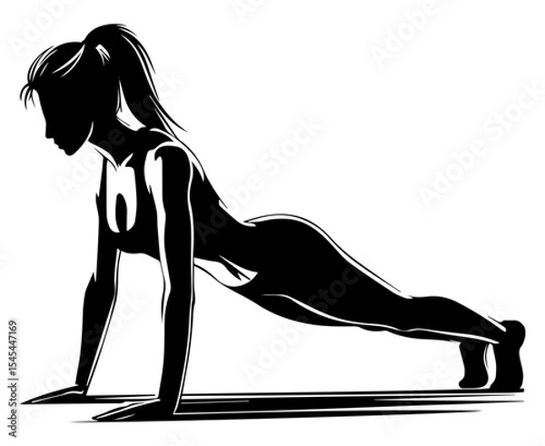 Fototapeta Black and white silhouette of a girl doing a plank exercise for a beautiful abs on a white isolated background. Vector graphics. EPS.
