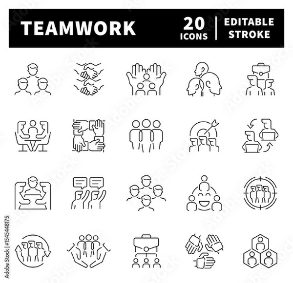 Fototapeta Teamwork vector icons in line style. Thin line icons related to teamwork and partnership