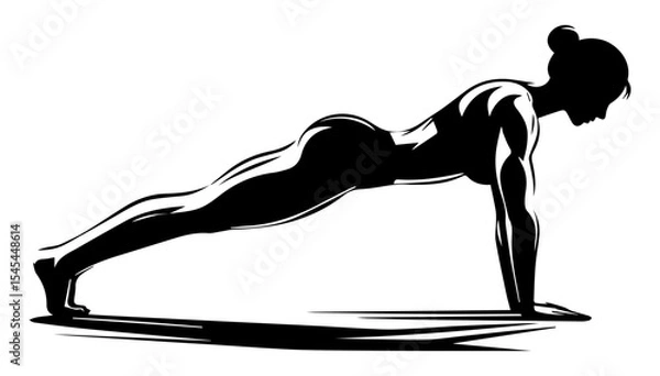 Fototapeta Black and white silhouette of a girl doing a plank exercise for a beautiful abs on a white isolated background. Vector graphics. EPS.