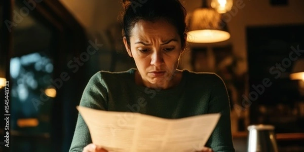 Obraz A woman reading an important document shows a concerned expression, reflecting her serious thoughts
