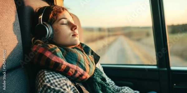 Obraz Serene Journey A Young Woman Blissfully Enjoying a Relaxing Moment on a Scenic Bus Journey