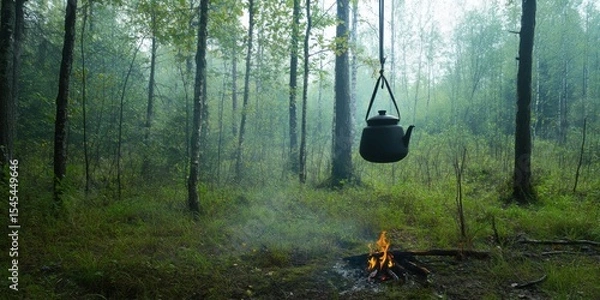 Obraz A kettle is resting above a campfire in a calm and serene setting within a beautiful forest