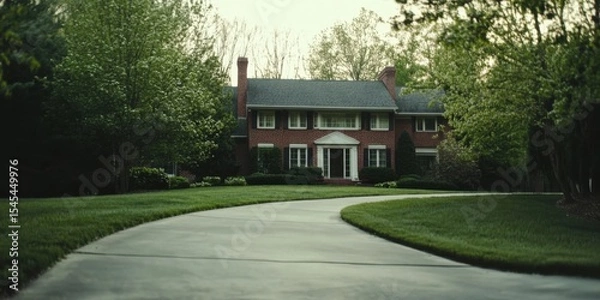 Obraz An Elegant Brick Home that is Beautifully Surrounded by a Lush and Inviting Landscape
