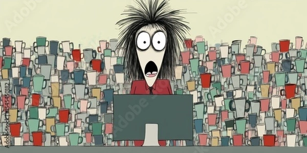 Obraz A Stressed Worker Sitting Amidst Many Coffee Cups in a Chaotic Office Environment
