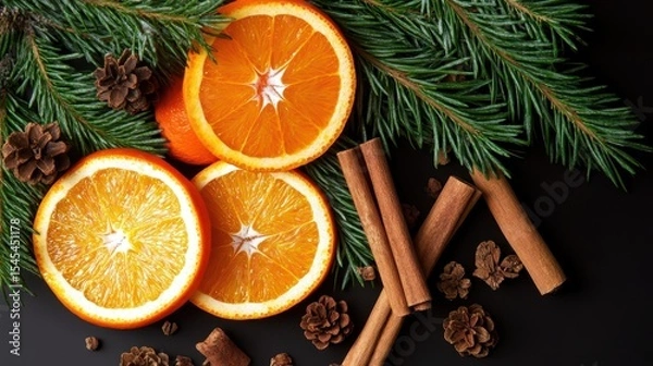 Fototapeta Fresh Orange Slices with Pine Branches and Cinnamon Sticks on Black