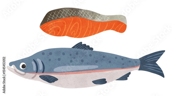 Fototapeta さけ・切り身セット　水彩風手描きイラスト