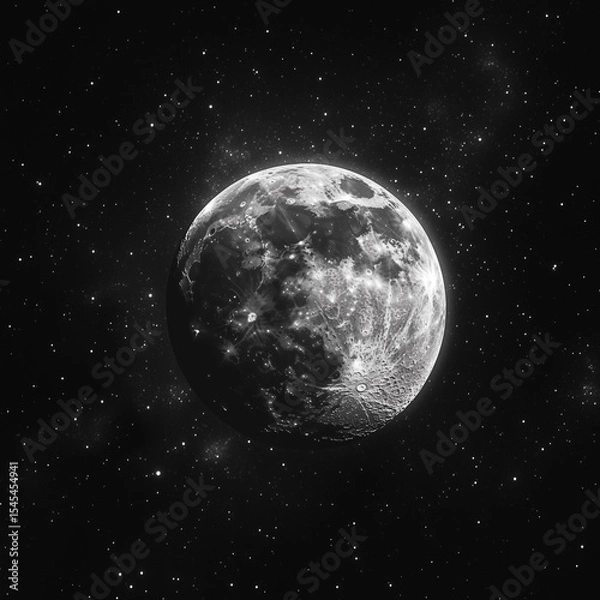 Obraz Moon out in the space, Blue moon glowing with  halo isolated on black background.  Amber moon, Full moon with star ,