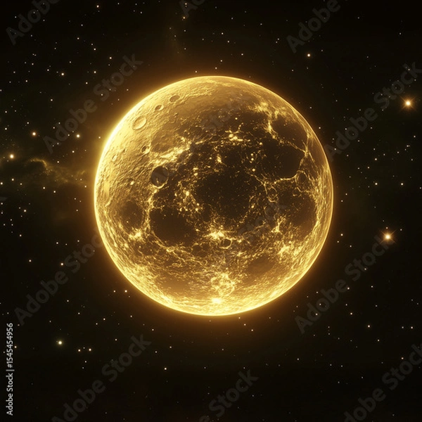 Obraz Moon out in the space, Blue moon glowing with  halo isolated on black background.  Amber moon, Full moon with star ,