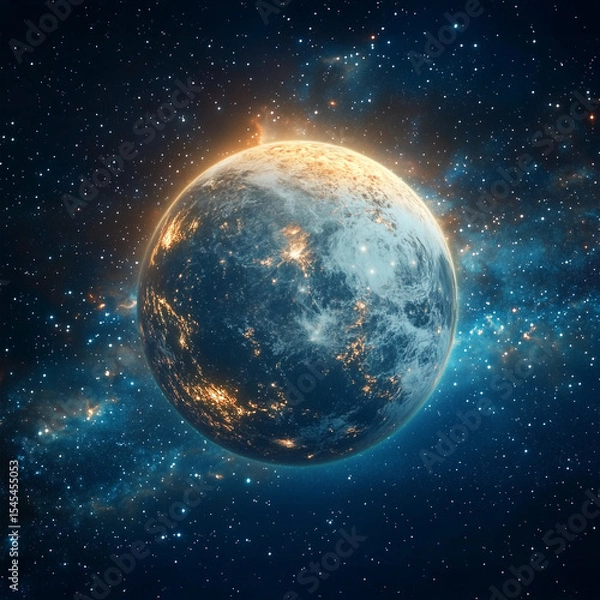 Obraz Moon out in the space, Blue moon glowing with  halo isolated on black background.  Amber moon, Full moon with star ,