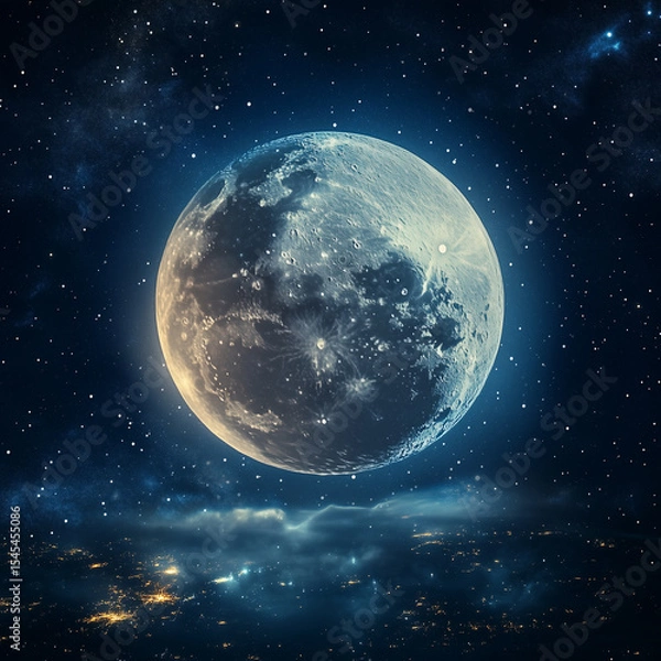 Obraz Moon out in the space, Blue moon glowing with  halo isolated on black background.  Amber moon, Full moon with star ,