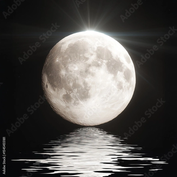 Obraz Moon out in the space, Blue moon glowing with  halo isolated on black background.  Amber moon, Full moon with star ,