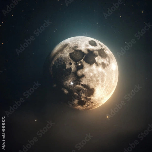 Obraz Moon out in the space, Blue moon glowing with  halo isolated on black background.  Amber moon, Full moon with star ,