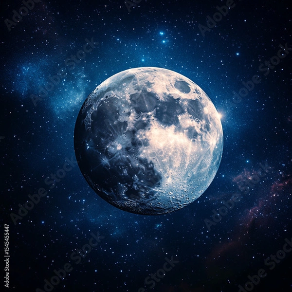 Obraz Moon out in the space, Blue moon glowing with  halo isolated on black background.  Amber moon, Full moon with star ,