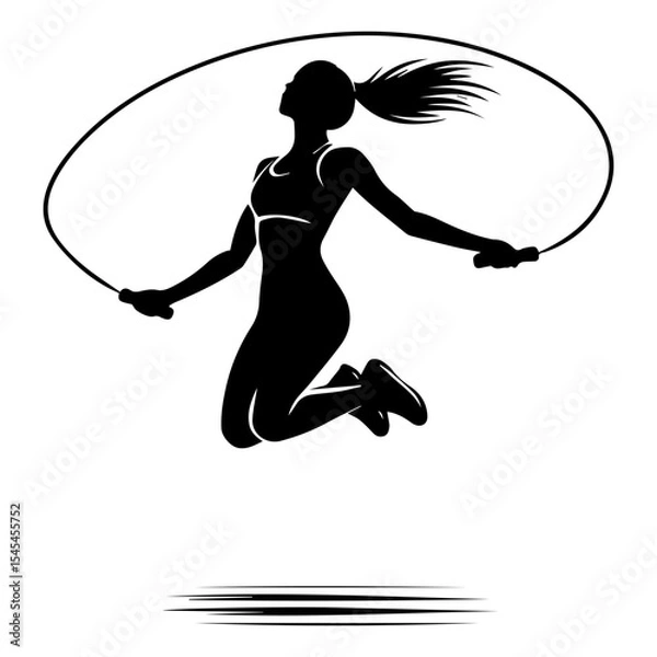 Fototapeta Black and white silhouette of a girl jumping rope on a white isolated background. Vector graphics. EPS.