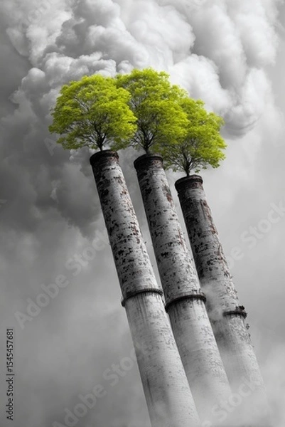 Fototapeta Industrial chimneys releasing green trees instead of smoke, symbolizing clean energy, ecological transformation and environmental hope