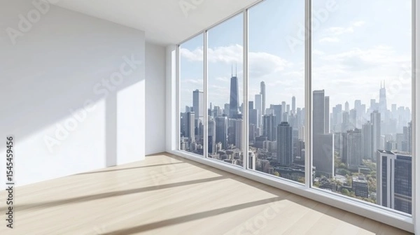 Fototapeta Bright white interior with large window view of high-rise city skyline. Perfect for real estate mockups, architecture designs, and lifestyle visuals