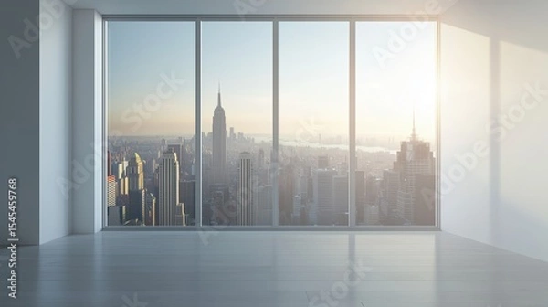 Fototapeta Bright white interior with large window view of high-rise city skyline. Perfect for real estate mockups, architecture designs, and lifestyle visuals