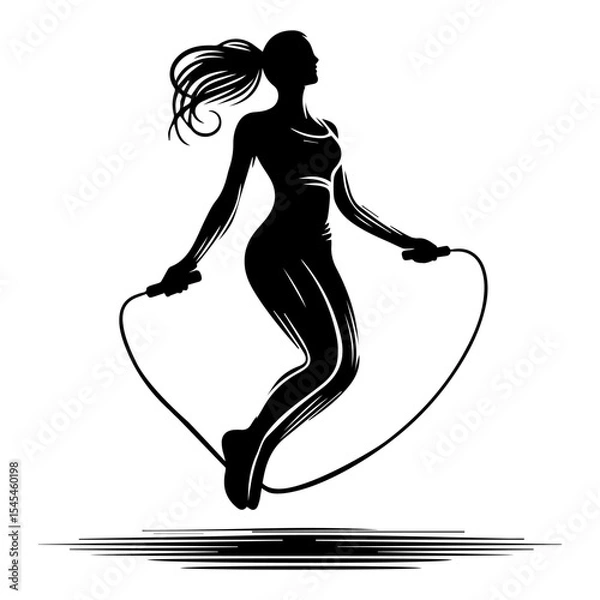 Fototapeta Black and white silhouette of a girl jumping rope on a white isolated background. Vector graphics. EPS.