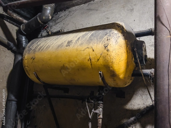 Obraz An old, dirty boiler hanging in the basement, surrounded by pipes and cobwebs, symbolizing the wear and neglect of the installation