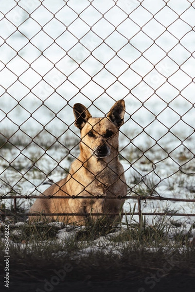 Obraz A dog with light brown hair, sitting behind a rusty fence net on a snow-covered lawn, with an expression of longing and hope