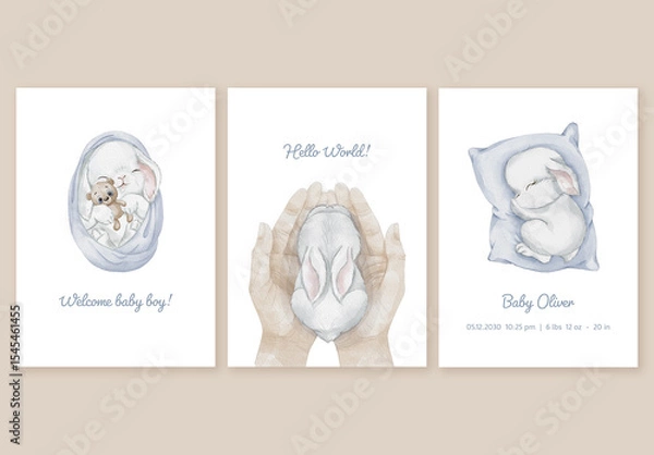 Obraz Customizable Baby Boy Birth Announcement Card Templates with Sleeping Bunny, Teddy and Hands – Soft Watercolor Editable Printables for Newborn Greeting, Baby Shower Invitation or Nursery Wall Art