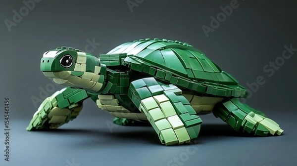 Fototapeta A vibrant green turtle model crafted from building blocks, showcasing intricate details and a playful design.