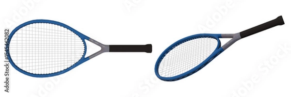 Fototapeta realistic 3d render of tennis racket with blue frame and black grip, front and perspective views on transparent background, modern sports equipment design