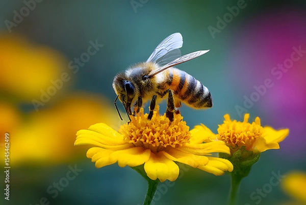 Obraz A bee perched atop a vibrant yellow flower collecting nectar in a garden with a colorful background