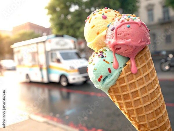Fototapeta Close-up of an ice cream cone with ice cream truck background