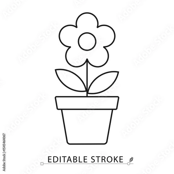 Obraz Potted flower icon in minimal line style with editable stroke. Decorative plant, home gardening symbol, indoor bloom for botanical visuals, cozy interior, natural growth and floral design themes.