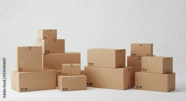 Fototapeta A collection of stacked brown cardboard boxes against a plain white backdrop.