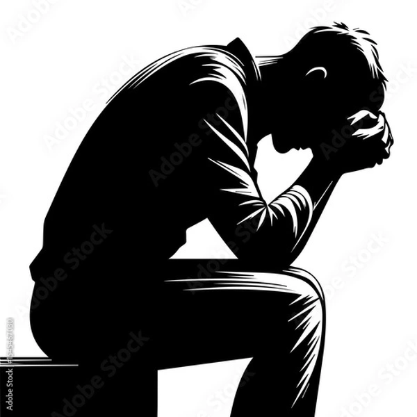 Fototapeta A black and white silhouette of a very upset man against a white isolated background. Vector graphics. EPS.