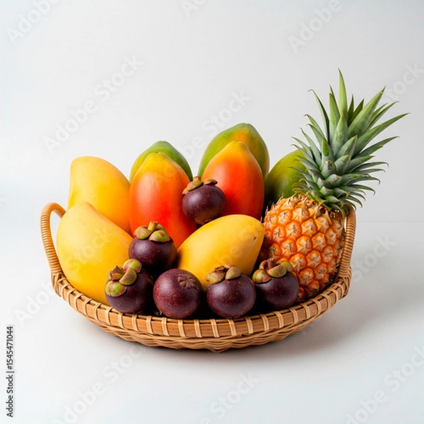Fototapeta A traditional basket brims with vibrant tropical fruits on a pristine white, well-lit background, showcasing nature's colorful bounty.
