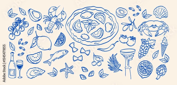 Obraz Italian food set hand drawn doodle sketch. Pasta, olive, pizza, tomato, lemon, crab, lobster, grapes, wine. Summer elements drawings for poster, placard print, menu, sticker.
