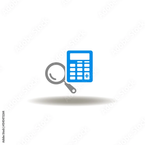 Fototapeta Vector illustration of calculator with magnifying glass. Symbol of accounting. Icon of calculation and financial analyzing.