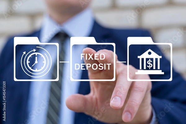 Fototapeta Business person using virtual touch screen presses the inscription: FIXED DEPOSIT. Fixed deposit as business and financial concept.