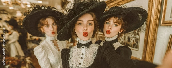 Fototapeta Three elegant women with hats taking a selfie in an art gallery