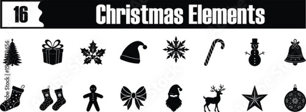 Obraz 16 Christmas design elements silhouette vector bundle set collection, Cultural design