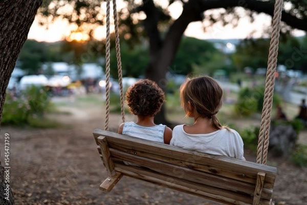 Fototapeta Two kids, a boy and girl, are swinging together on a wooden swing under a tree at sunset. They are soaking in the peaceful moment, symbolizing innocence and camaraderie.