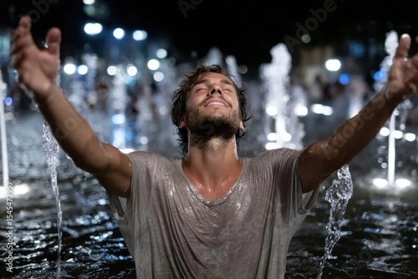 Fototapeta A young man expressing sheer joy while standing in a lit fountain at night, showcasing happiness and freedom in a refreshing water environment filled with fun.